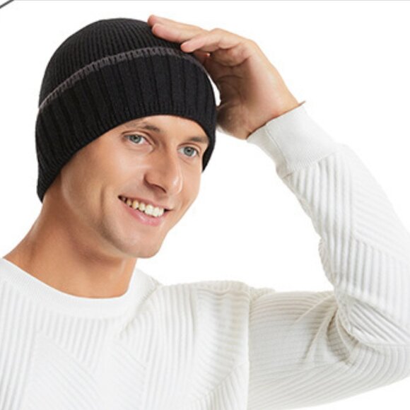 2/$30 Men Black Ribbed Knit Beanie Hat Gray Stripe Cuff Winter Ski Warm Wool - Picture 7 of 7